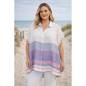 C&C California 100% Linen Pastel Button Top Women 2X Tassels Beachy Luxury Boho